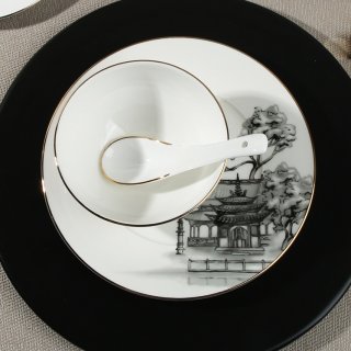 厂家直销 摆台陶瓷餐具8件套餐盘骨碟碗勺咖啡杯碟水墨画餐具套装