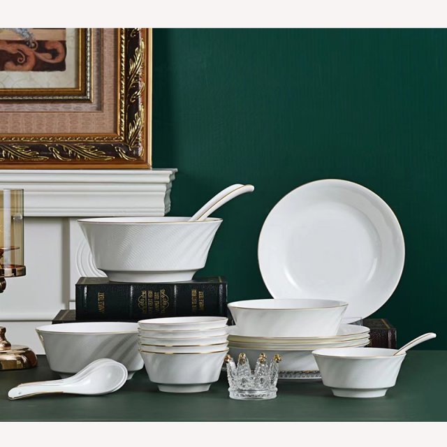 唐山中式家用纯色描金碗碟盘22头礼品小套装餐具