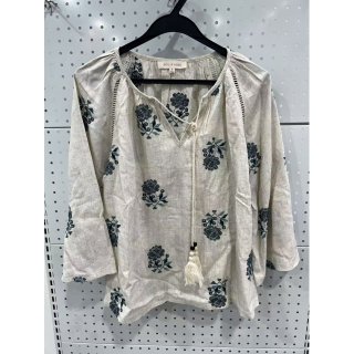 复古棉麻重工圆形刺绣松紧领口女衬衫
