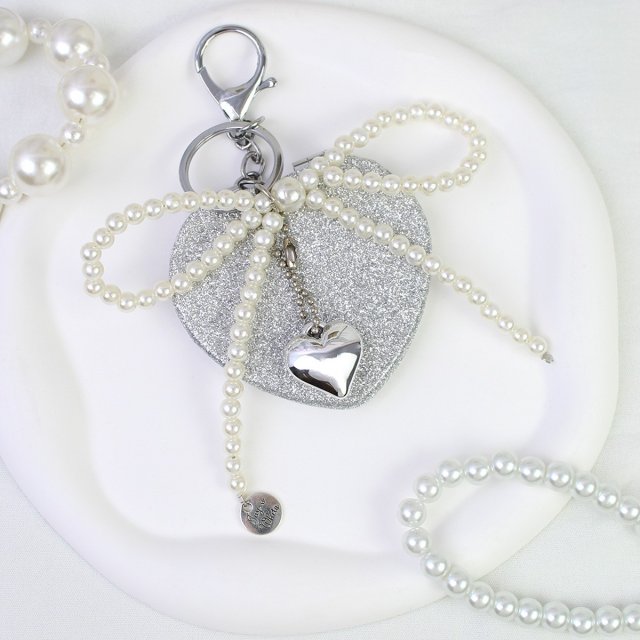 [胜雅] 银闪爱心迷你化妆镜随身携带折叠镜子钥匙扣饰品包包挂件