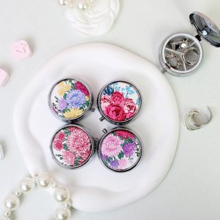 圆形可爱动物印花3格首饰收纳盒药盒便携折叠带镜子