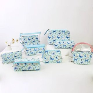 蓝色蝴蝶花卉印花系列防水化妆部旅行洗漱包拉链零钱包学生笔袋