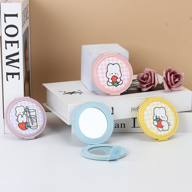[胜雅] 格纹卡通小动物纽扣双面折叠镜化妆镜口袋镜随身镜便携镜批发镜子