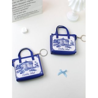 卡特琳娜岛纪念款迷你手提包蓝白建筑印花钥匙扣小包伴手礼零钱包
