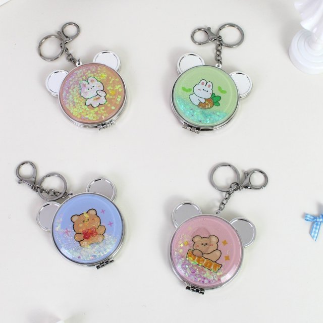 [] 小熊头折叠流沙挂包镜美妆便携手持随身化妆镜双面补妆镜小镜子