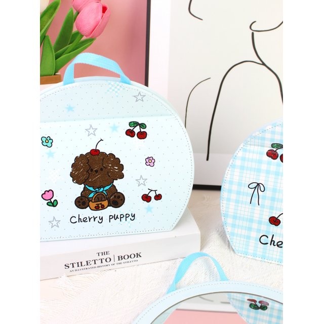 [胜雅] 樱桃小狗圆形折叠壁挂镜化妆镜浴室镜子女生镜子宿舍卧室折叠台镜