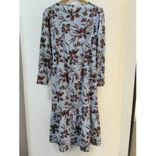 法式树叶印花复古宽松收腰抽褶长袖连衣裙