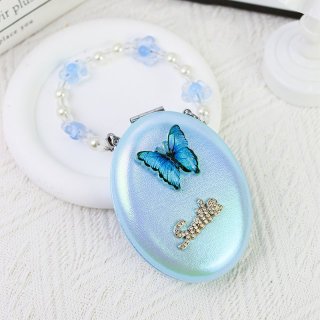 镭射蝴蝶双面化妆珍珠花朵手提链条随身小镜子便携补妆镜包包挂件