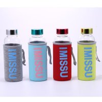 胡须图案便携玻璃水杯带杯套透明带提绳防漏运动杯450ML（1套4色起订）BL-0422X