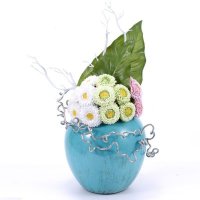 家居室内仿真花艺装饰摆放 白色 绿色 黄色小菊花混搭仿真花艺MTF-TC14012