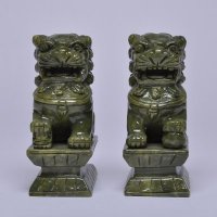 开光招财财富玉石狮子摆件风水镇宅辟邪大号狮子一对家居装饰摆设青色玉石15.5北狮2件套摆件NH-23
