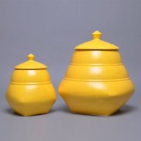 黄色陶瓷储物罐 瓷罐带盖 大肚收纳罐子 中式家居软装饰品KLM-GH01-L