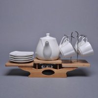 简约现代1套6件白色+木制陶瓷咖啡具 RP-YTC006